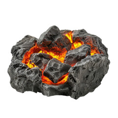 Campfire surrounded by glowing hot rocks, isolated on white background. Concept of warmth, survival, and outdoor adventure.