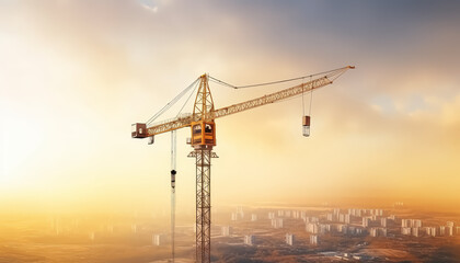 Lifting construction crane at construction site on the background of the sky and building under construction