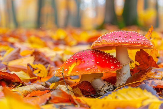 Vibrant red mushrooms or fungi growing among colorful autumn leaves on the forest floor