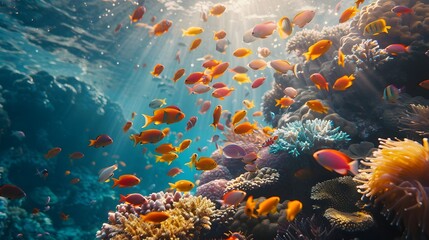 Naklejka premium Vibrant Underwater Coral Reef Teeming with Colorful Tropical Fish Marine Life Paradise