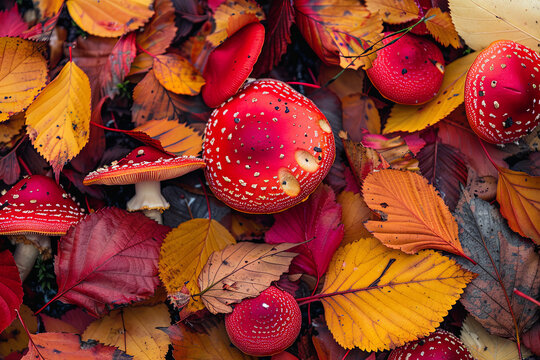 Vibrant red mushrooms or fungi growing among colorful autumn leaves on the forest floor