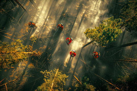 A team of workers in suits uses chainsaws to cut trees in a forest, showcasing teamwork and determination