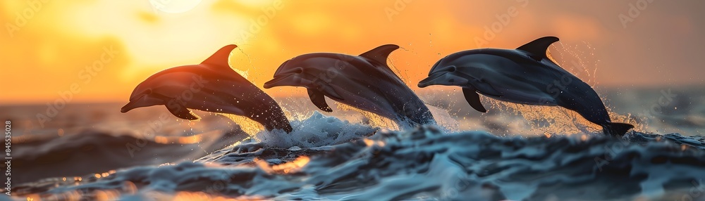 Wall mural Playful Dolphins Leaping Over Crashing Waves at Vibrant Sunset - Wall murals