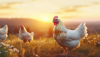 Fototapeta premium Free-range chickens in an eco farm at sunset