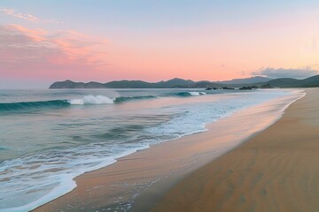 Obraz premium Serene Sunrise on Madagascar's Eastern Coastline - Tranquil Beauty of Golden Sands, Gentle Waves, and Soft Pink Skies