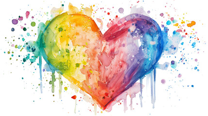Vibrant watercolor heart with rainbow colors and paint splatters on a white background. Abstract love and pride concept.