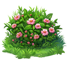 Illustration of a lush green bush with pink flowers, isolated on white. Concept of spring and nature's renewal.