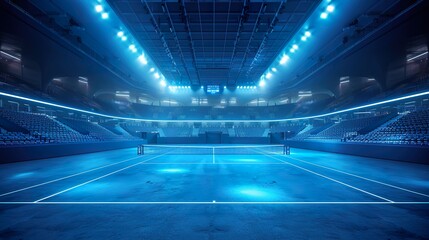 Modern Indoor Tennis Court Lit with Blue Lights