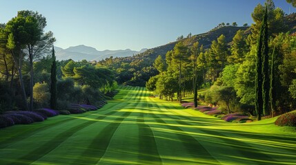 Perfectly mowed fairway with a scenic backdrop, inviting players to enjoy the sport.