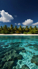 Obraz premium Starlit Coral Haven: highlighting the natural beauty of the coral formations in the shallow, crystal-clear water, alongside lush, illuminated coconut trees.