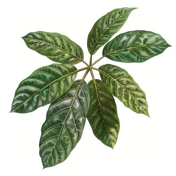 Detailed Realistic Illustration of Schefflera Leaf with Textures on White Background.