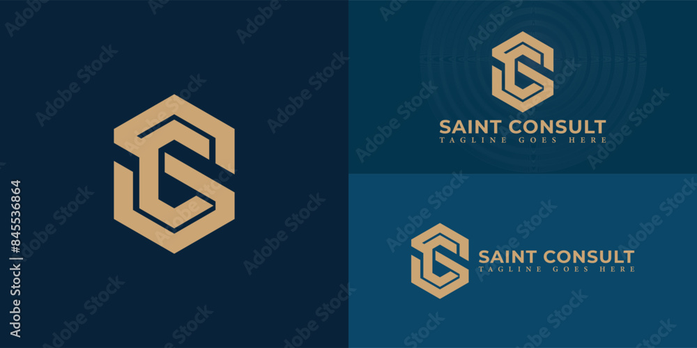 Poster abstract initial hexagon letter sc or cs logo in gold color isolated on multiple background colors. 