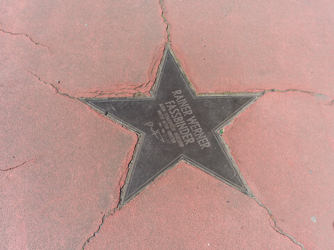 Berlin, Germany, April 2024, walk of fame star for Rainer Werner Fassbinder