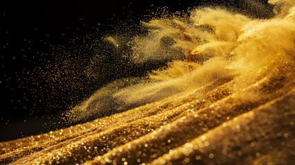 Golden grains of sand explode, creating a wave of sand in the air. Yellow sand splashes against a black background, frozen in time by a high-speed shutter.
