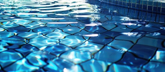 Naklejka premium Light reflecting on rippling water in a swimming pool with bright blue tiles
