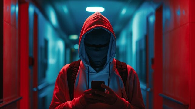 An anonymous hacker with a mask, uses a mobile phone to hack the system