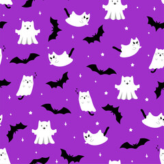 Cute halloween pattern with ghost cats and bats on violet background. Vector flying Halloween characters, cartoon kittens spirit. Kawaii ghost print for fabric texture, wrapping paper, greeting card.