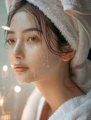 Fototapeta premium Woman with towel wrapped and wet face