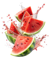 Watermelon  slices flying in splash of watermelon juice, isolated on white background
