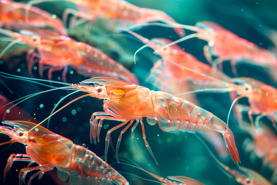 lobster krill swarm in a lively and elaborate natural habitat from a close perspective