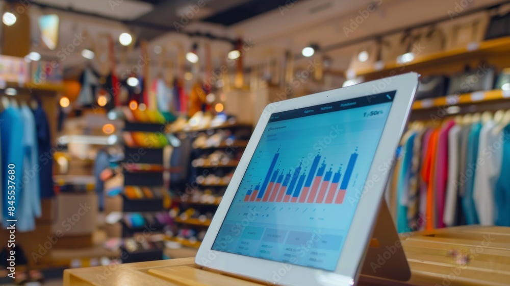 Fototapete tablet displaying a real-time sales graph in a retail store, showing dynamic business performance