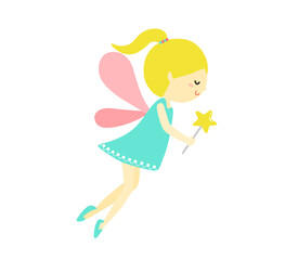 Cute Smiling Fairy Illustration. A blonde fairy holding a star wand.