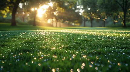 Early morning dew on the fairways, creating a serene and peaceful golf course scene.
