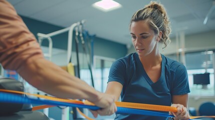 Physical Therapist Assisting Patient with Resistance Band Exercises in Modern Rehabilitation Center