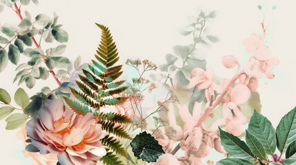 Vintage botanical illustration with various leaves and flowers in soft pastel colors on a beige background