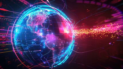 Fototapeta premium A colorful globe with many lines and dots surrounding it, Abstract global networking communication