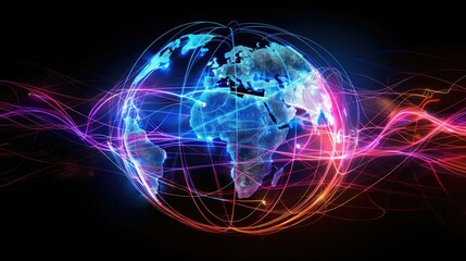 Fototapeta premium A colorful globe with many lines and dots surrounding it, Abstract global networking communication