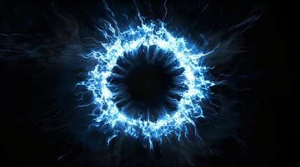 Stunning visual of a glowing energy ring with electric strands radiating from a central black void. This cosmic scene captures the dynamic power and beauty of an interstellar phenomenon.