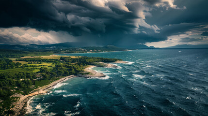 The Croatian coastline looks stormy and dramatic from above, with dark clouds and rough waters creating a dramatic scene.