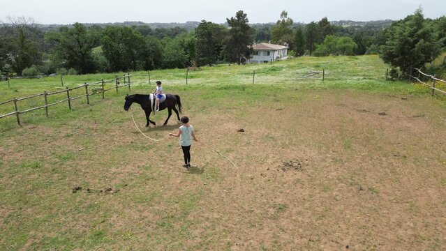boy child goes to a horse riding lesson in a horse ranch in the countryside - hippotherapy and educating children on the relationship with animals - psychological support activity in childhood