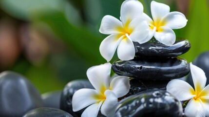 Still life with gardenia and plant with therapy stones