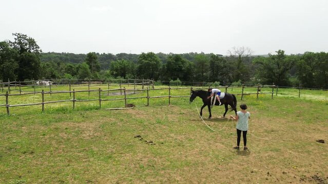 boy child goes to a horse riding lesson in a horse ranch in the countryside - hippotherapy and educating children on the relationship with animals - psychological support activity in childhood