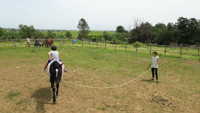 boy child goes to a horse riding lesson in a horse ranch in the countryside - hippotherapy and educating children on the relationship with animals - psychological support activity in childhood
