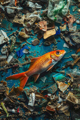 A single fish swimming among a sea of plastic waste. 
