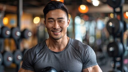 Obraz premium Smiling young asian man with boxing gloves in gym environment.