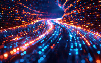 Fototapeta premium A vibrant, abstract digital landscape with glowing blue and orange lights, creating a dynamic sense of movement and speed in a tunnel-like space.