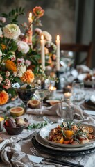 Naklejka premium Elegant Raw Food Dinner Setup with Candles and Flowers for a Special Occasion