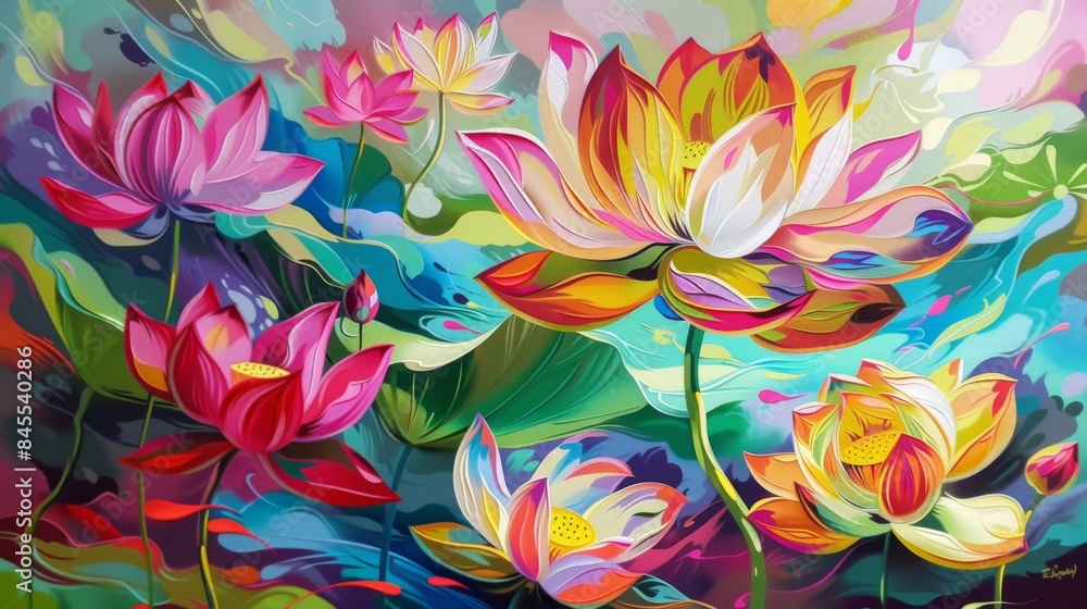 Poster vibrant lotus flowers swaying gently in the breeze, creating a mesmerizing dance of colors