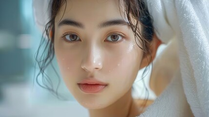 Fototapeta premium Woman with Wet Towel and Dewy Face