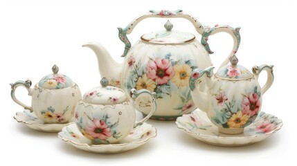 Elegant Floral Porcelain Tea Set Isolated on White Background