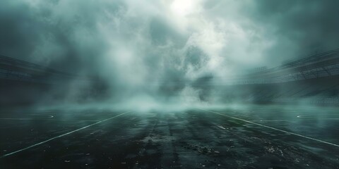 Desolate Stadium Image with Smoke Signifying Abandonment, Fire Aftermath, or Disaster. Concept Desolate Stadium, Abandonment, Smoke, Fire Aftermath, Disaster