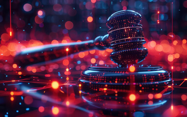 Digital rendering of a gavel surrounded by abstract red and blue light patterns. Conceptual representation of technology and law convergence.