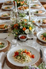 Elegant Spring Dinner Party Table with Gluten-Free Pasta Primavera and Fresh Floral Centerpieces