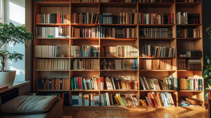Mockup of wooden bookshelf in front view, full of books and decorations in brown color tone. Built-in bookshelves in modern style, with sofa set beside window.