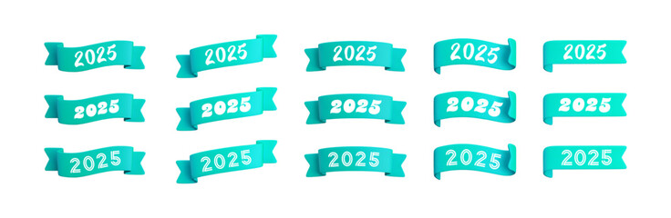 Vector cartoon 3d turquoise folded ribbons set with numbers 2025, realistic blue 3d design elements for graduation design, yearbook, new year greeting card, Christmas design.