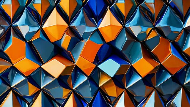 close-up view of textured surface composed of numerous small, triangular and polygon blue and orange facets 